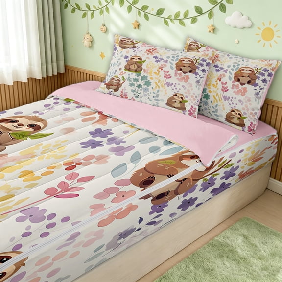 Erosebridal Cute Sloth Animal Zipper Twin Comforter Sets with Fitted Sheet and 2 Pillowcases for Girls, Watercolor Floral Plant Zipper Bedding Set, Pink Reversible, 4-Piece