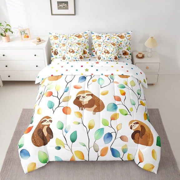 Erosebridal Cute Sloth Bed in a Bag 7 Pieces Hippie Floral Bedding Set, Chic Flower Twin Size Comforter Set Watercolor Leaves Bedding Comforter Sets, Woodland Wildlife Bed Set