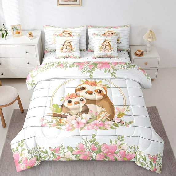 Erosebridal Cute Sloth Bedding King Size, Pink Floral Comforter Sets with Sheets, Kawaii Animal Theme Bedroom Decorative Lightweight 7-Piece