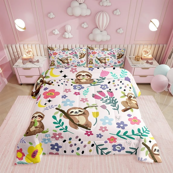 Erosebridal Cute Sloth Comforter Set ,Cartoon Animal Bedding Twin Size,Kawaii Sloth Comforter,Botanical Floral Leaves Tulip Garden Bed Sets with 1 Pillowcase,Reversible