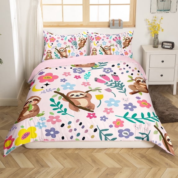 Erosebridal Cute Sloth Duvet Cover,Cartoon Animal Bedding Set Twin Size,Kawaii Sloth Comforter Cover,Botanical Floral Leaves Tulip Garden Quilt Cover with 1 Pillowcase,Reversible
