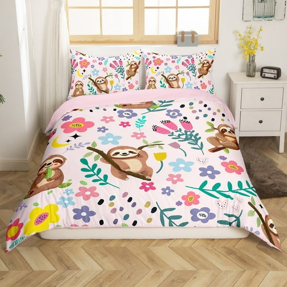 Erosebridal Cute Sloth Duvet Cover,Cartoon Animal Bedding Set Twin Size,Kawaii Sloth Comforter Cover,Botanical Floral Leaves Tulip Garden Quilt Cover with 1 Pillowcase,Reversible