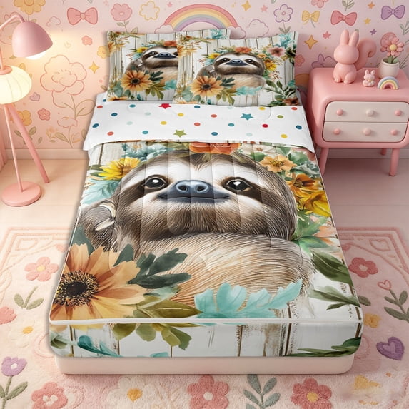 Erosebridal Cute Sloth Zipper Queen Comforter Set with Fitted Sheet and 2 Pillowcases,Garden Flower Print Zipper Bedding Set,Brown Orange Teal,Reversible