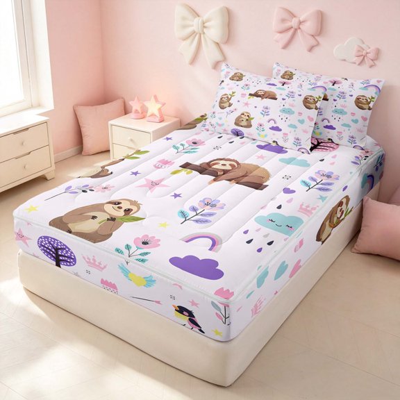 Erosebridal Cute Sloth Zipper Twin Comforter Sets with Fitted Sheet and 2 Pillowcases for Boys Girls, Kawaii Rainbow Floral Zipper Bedding Set, Pink Reversible