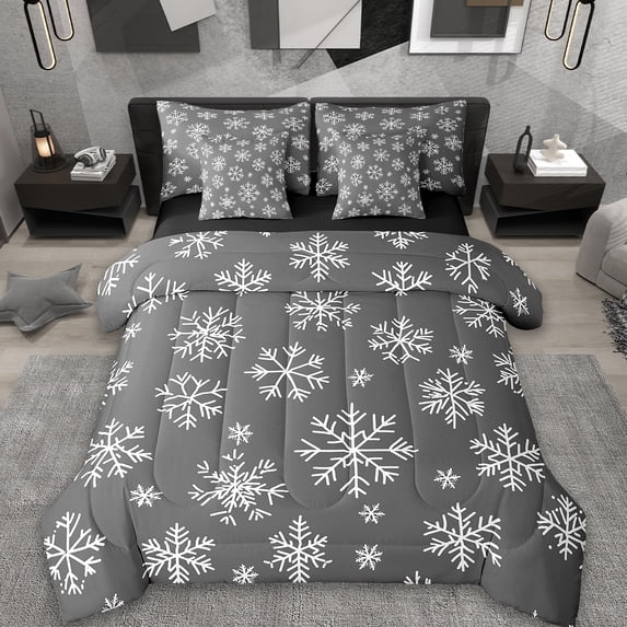 Erosebridal Cute Snowflake Bedding Sets Twin Size,Gray White Comforter Sets with Sheets,Natural Theme Bed in a Bag Twin Size,Breathable Bedroom Decor Reversible,7-Piece