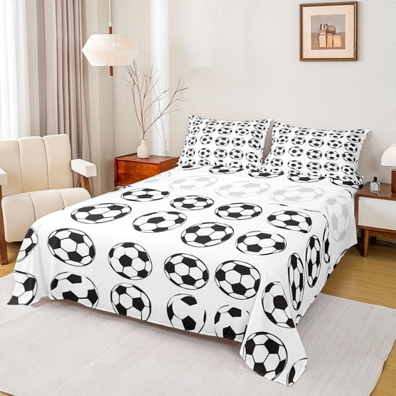 Erosebridal Cute Soccer Pattern Queen Sheet Sets,Football Sport Ball Games Kids Bed Set 4-Piece