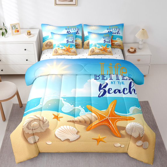 Erosebridal Cute Starfish Bedding Sets King Size, Tropical Beach Comforter Sets with Sheets, Marine Sealife Bedroom Decor, 7pcs