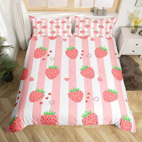 Erosebridal Cute Strawberry Duvet Cover Full,Pink Stripes Bedding Sets Full Size,Princess Heart Print Comforter Cover Full For Girly,Super Cozy Room Decoration Reversible,3 Pieces(No Comforter)