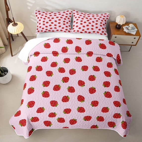 Erosebridal Cute Strawberry Quilt King,Red Berry Fruit King Coverlet Set For Girls,3-Piece