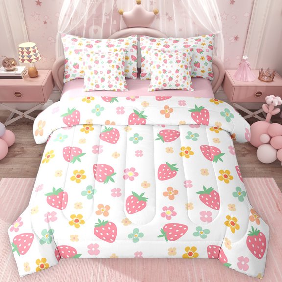 Erosebridal Cute Strawberry Twin Bedding Sets for Girls, Groovy Floral Bedding Comforter Set, Pink Reversible, 7 Pieces