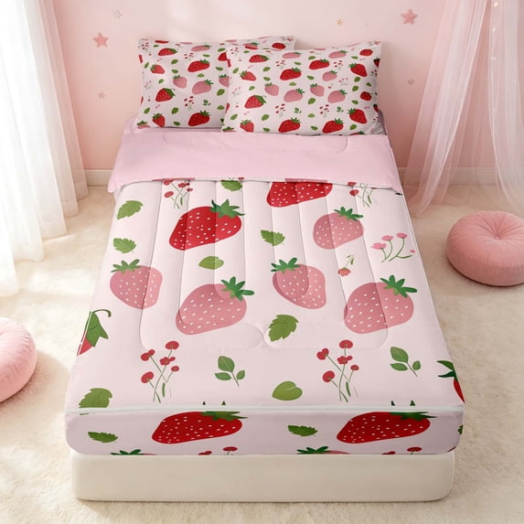 Erosebridal Cute Strawberry Zipper Queen Comforter Set with Fitted Sheet and 2 Pillowcases, Kawaii Fruit Zipper Bedding Set, Pink Reversible, Soft Strawberry, Pink Reversible