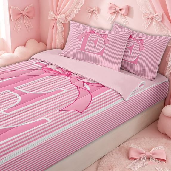 Erosebridal Cute Striped E Letter Zipper Twin Comforter Sets with Fitted Sheet and 2 Pillowcases for Teens, Princess Stripe Bow Ribbon Zipper Bedding Set, Pink Reversible, 4 Pieces