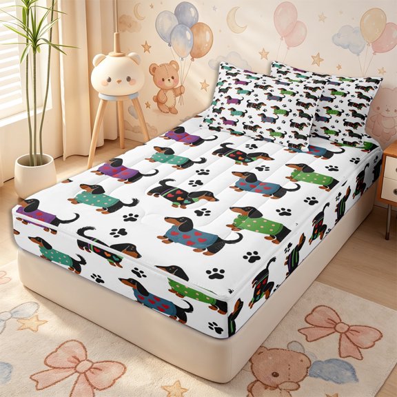 Erosebridal Cute Sweater Dachshund Tile Zipper Twin Comforter Sets with Fitted Sheet and 2 Pillowcases,Simple Paw Zipper Bedding Set,Ivory Black,4-Piece,Reversible
