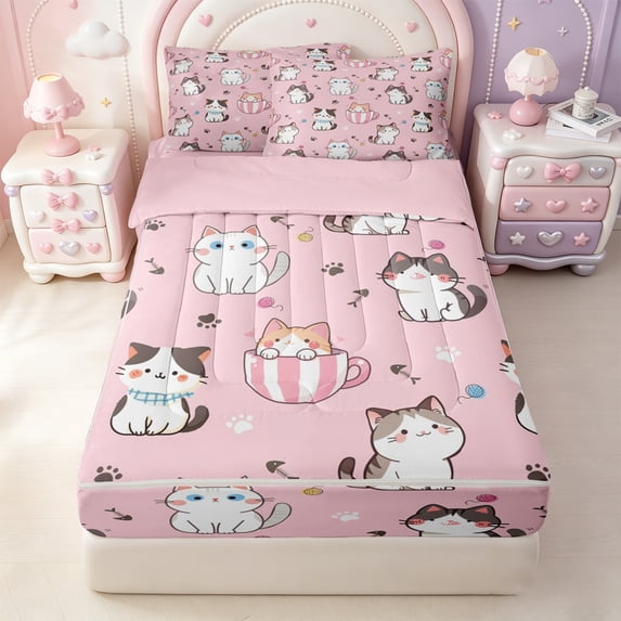 Erosebridal Cute Teacup Cat Zipper Twin Comforter Sets with Fitted Sheet and 2 Pillowcases,Kawaii Kitten Paw Zipper Bedding Set For Girls,Pink Reversible,4 Pieces