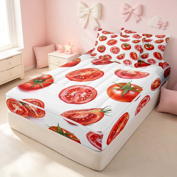Erosebridal Cute Tomato Zipper Queen Comforter Set with Fitted Sheet and 2 Pillowcases for Girls, Cartoon Vegetable Zipper Bedding Set, Polka Dots Reversible