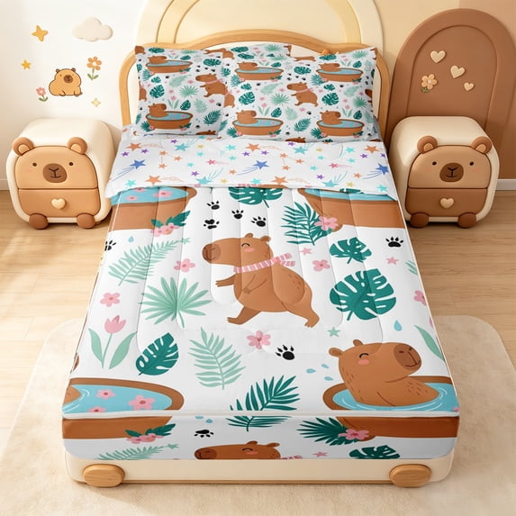 Erosebridal Cute Tropical Monstera Zipper Queen Comforter Set with Fitted Sheet and 2 Pillowcases,Cute Capybara Palm Leaf Zipper Bedding Set For Girls,Colorful Stars Reversible,4-Piece