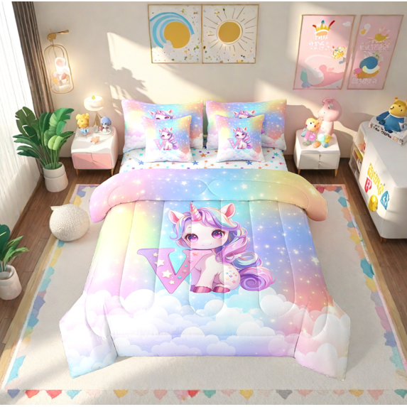 Erosebridal Cute Unicorn Bed In A Bag King Size, Initial Printed V Bed Set, Rainbow Galaxy Bedding King Size, Microfiber Bedroom Decorative,7 Pieces Reversible