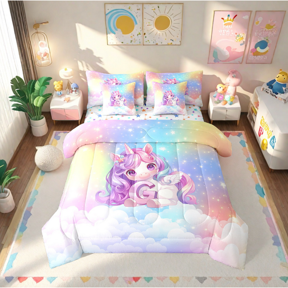 Erosebridal Cute Unicorn Bed In A Bag Queen Size, Initial Printed G Bed Set, Rainbow Galaxy Bedding Queen Size, Microfiber Bedroom Decorative,7-Piece Reversible