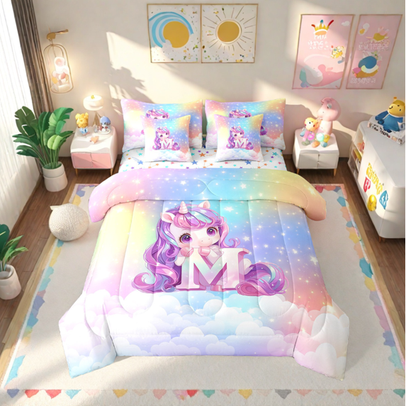 Erosebridal Cute Unicorn Bed In A Bag Queen Size, Initial Printed M Bed Set, Rainbow Galaxy Bedding Queen Size, Microfiber Bedroom Decorative,7-Piece Reversible