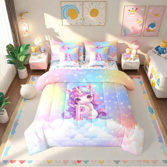 Erosebridal Cute Unicorn Bed In A Bag Queen Size, Initial Printed P Bed Set, Rainbow Galaxy Bedding Queen Size, Microfiber Bedroom Decorative,7-Piece Reversible