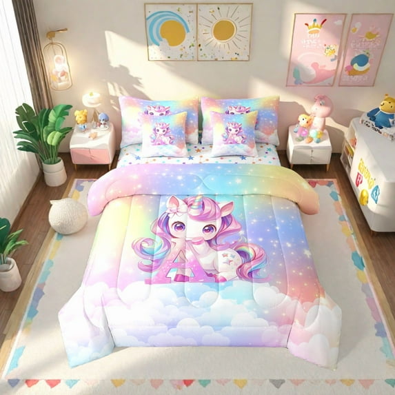 Erosebridal Cute Unicorn Bed In A Bag Twin Size, Initial Printed A Bed Set, Rainbow Galaxy Bedding Twin Size, Microfiber Bedroom Decorative,7 Pieces Reversible