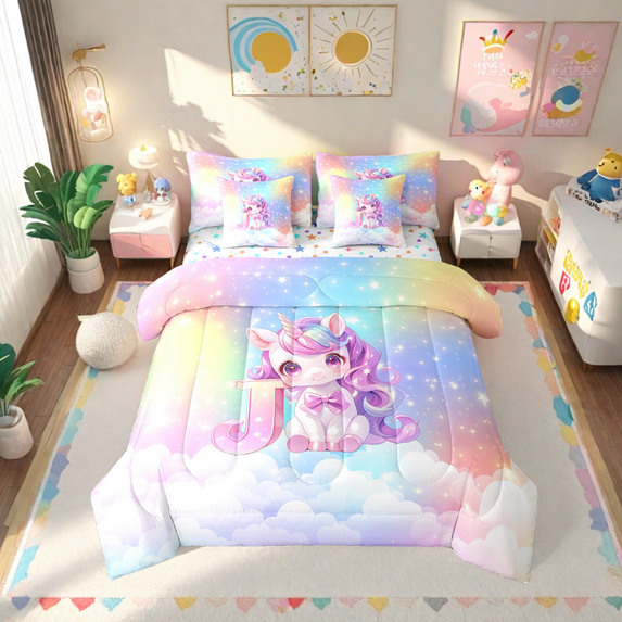 Erosebridal Cute Unicorn Bed In A Bag Twin Size, Initial Printed J Bed Set, Rainbow Galaxy Bedding Twin Size, Microfiber Bedroom Decorative,7 Pieces Reversible
