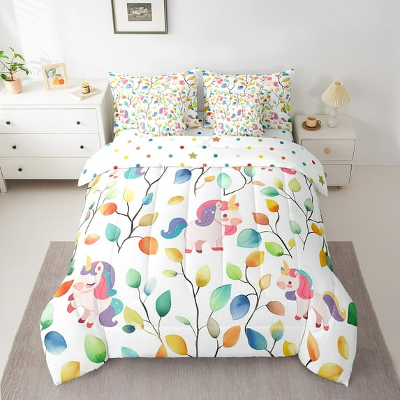 Erosebridal Cute Unicorn Bedding Full Size 7 Pieces Hippie Floral Comforter Set, Chic Flower Bedding Comforter Sets Watercolor Leaves Bed in a Bag, Magic Wildlife Bedding Accessories