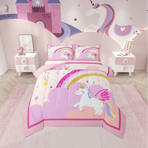 Erosebridal Cute Unicorn Bedding King Comforter Set,Bling Glitter Comforter Sets King Sizecartoon Rainbow Bedding Sets King With Comforter,Ultra Soft Princess Room Decoration,Reversible,3 Pieces