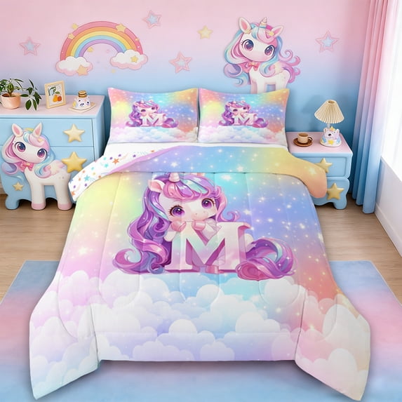 Erosebridal Cute Unicorn Bedding Queen Comforter Set, Initial Printed M Down Comforter, Rainbow Galaxy Bedding Sets Queen With Comforter, Microfiber Bedroom Decorative,3 Pieces Reversible
