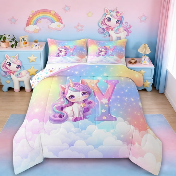 Erosebridal Cute Unicorn Bedding Sets King With Comforter, Initial Printed Y Duvet Insert, Rainbow Galaxy Comforter Sets King Size, Microfiber Bedroom Decorative,3Pcs Reversible