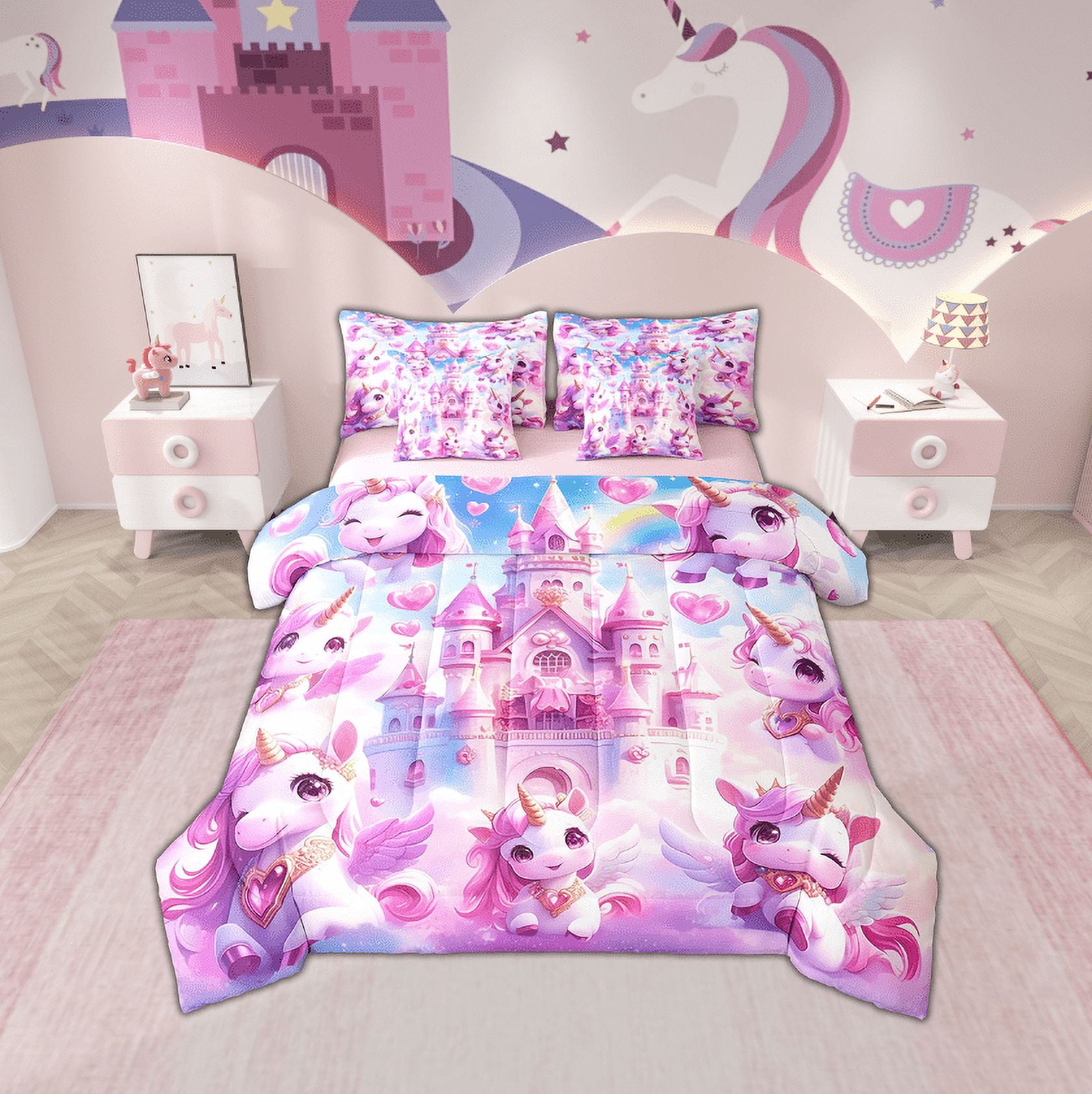 Erosebridal Purple Unicorn 7-Piece Comforter Set – Twin Size, Bed In A Bag For Kids