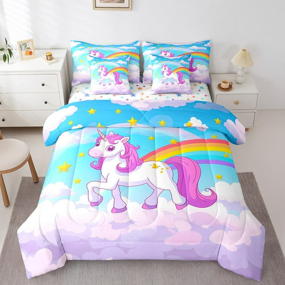 Erosebridal Cute Unicorn Bedding Sets Queen Size, Star Rainbow Comforter Sets with Sheets, Blue Pink Cloud Bedding Accessories, Super Cozy Room Decor, Reversible 7pcs