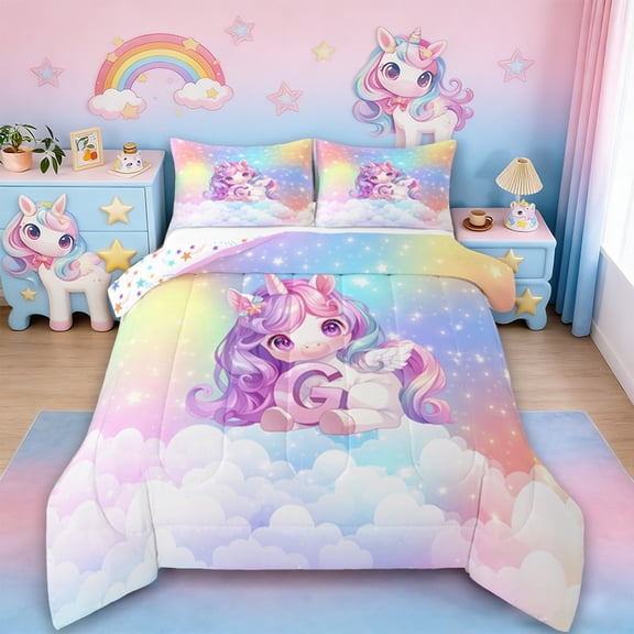 Erosebridal Cute Unicorn Bedding Sets Twin With Comforter, Initial Printed G Duvet Insert, Rainbow Galaxy Comforter Sets Twin Size, Microfiber Bedroom Decorative,2Pcs Reversible