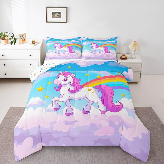 Erosebridal Cute Unicorn Bedding Sets Twin with Comforter, Star Rainbow Duvet Insert, Blue Pink Cloud Comforter Sets Twin Size, Super Cozy Room Decor, 2pcs