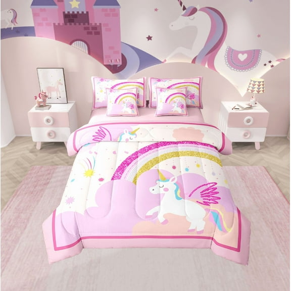 Erosebridal Cute Unicorn Bedding Sets Twin Size,Bling Glitter Comforter Sets with SheetsCartoon Rainbow Bed in a Bag Twin size,Ultra Soft Princess Room Decoration,Reversible,7-Piece