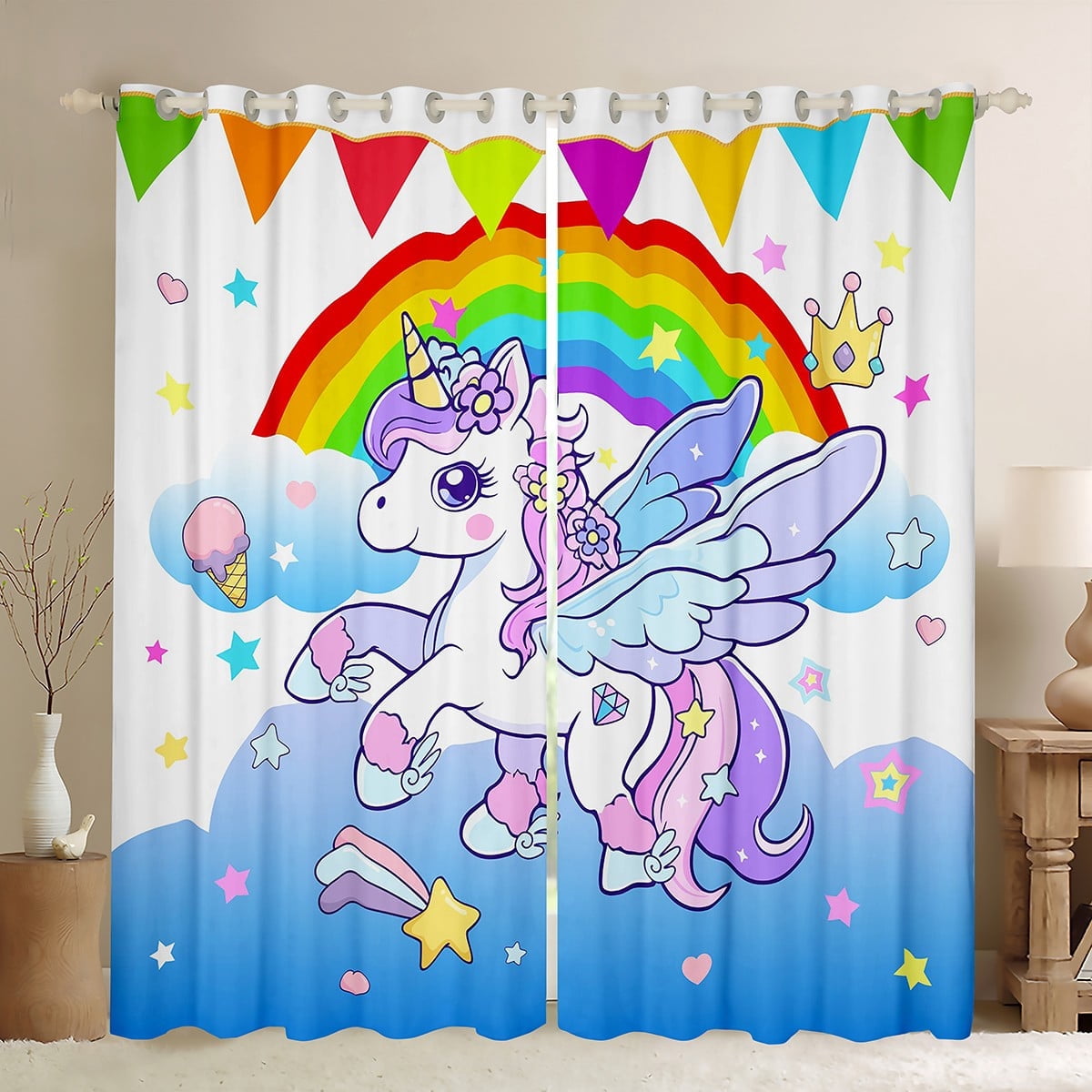 Erosebridal Cute Unicorn Curtains for Living Room,Rainbow Galaxy Starry Blackout Curtains Set of 2(42x63),Purple Blue Curtains and Drapes(42x63) For Girls,Ultra Soft Bedroom Decorative