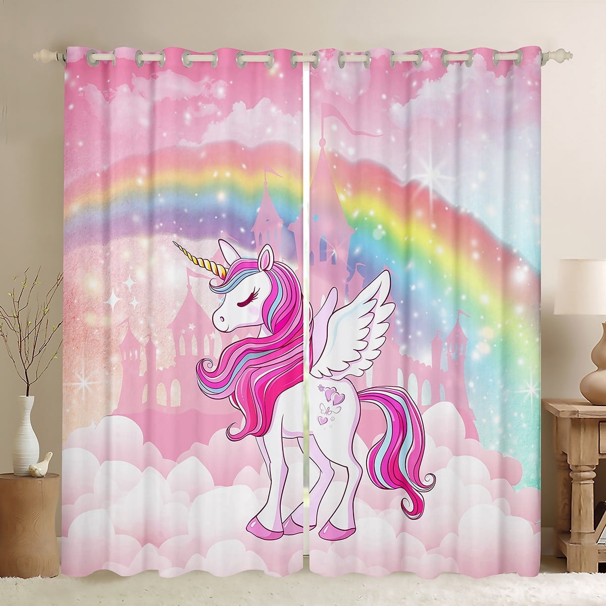 Erosebridal Cute Unicorn Curtains Pack of 2(42x63),Fairy Castle Silhouette Black Out Curtains,Rainbow Galaxy Starry Curtains for Living Room For Girls,Ultra Soft Bedroom Decorative