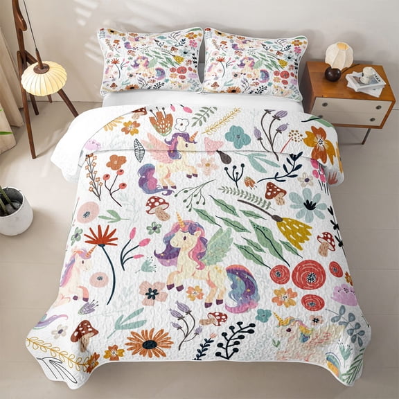 Erosebridal Cute Unicorn Floral Bed Spread Queen,Wild Mushroom Daisy Queen Coverlet Set For Girls,3 Pieces