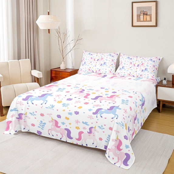 Erosebridal Cute Unicorn Full Size Sheets,Colorful Flowers Cute Floral Bed Sheets For Kids Girls 4-Piece