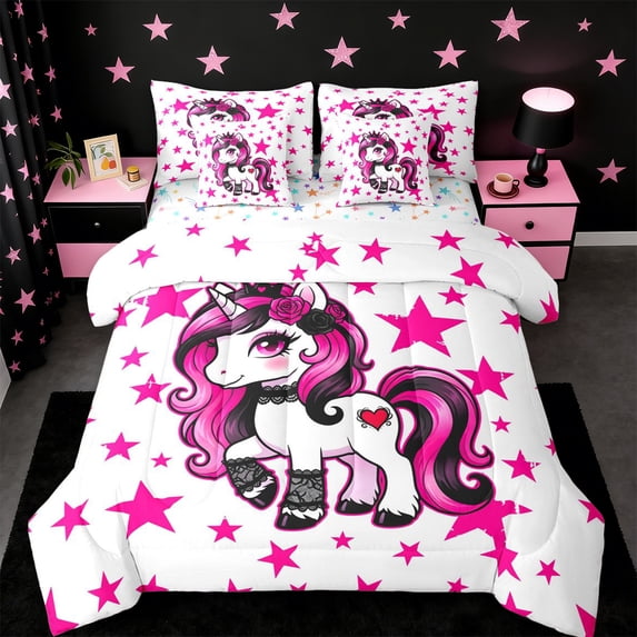 Erosebridal Cute Unicorn Girls 7-Piece Bedding Comforter Set,Pink Stars Dreamy Princess Style King Bedding Sets For Kids Girls,Reversible