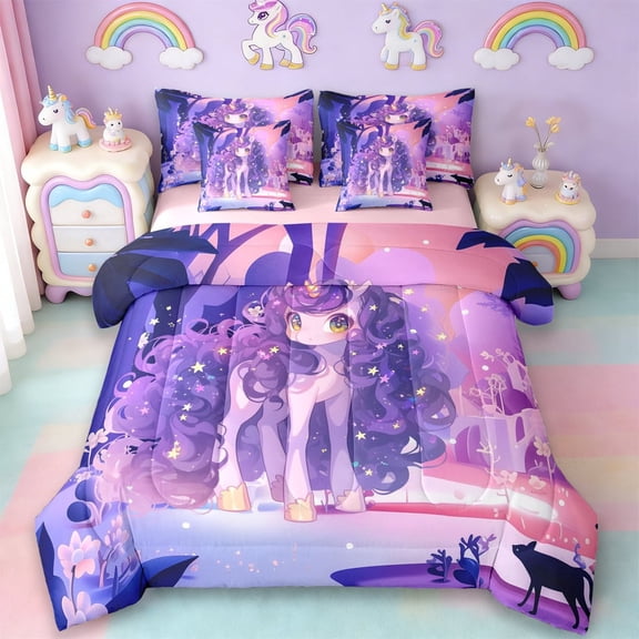 Erosebridal Cute Unicorn Girls 7-Piece Twin Bedding Sets,Purple Cartoon Unicorn Bedding Comforter Set For Kids,Reversible Pink