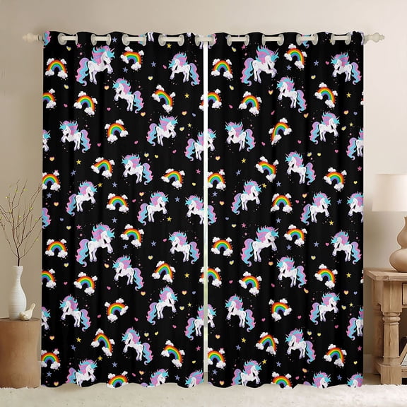 Erosebridal Cute Unicorn Girls Black Out Curtains,Cartoon Rainbow Print Colorful Loves Curtains Pack of 2 (42x63 Each) For Kids