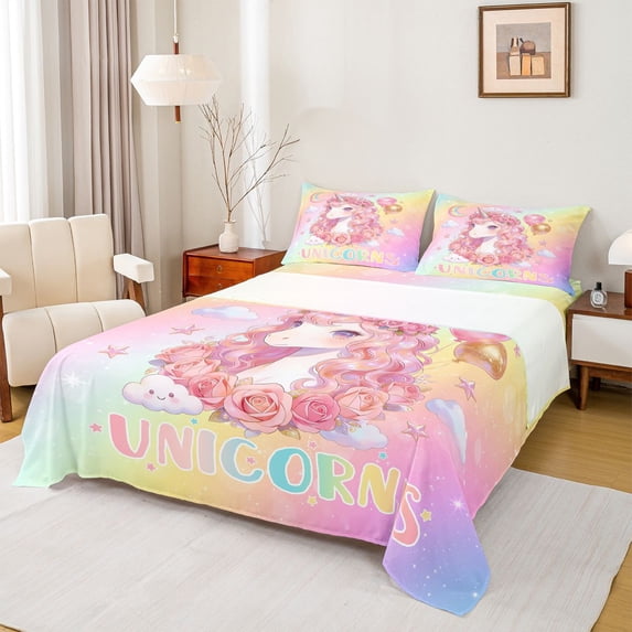 Erosebridal Cute Unicorn Girls Full Size Sheets,Romantic Pink Rose Blossom Flower Bed Sheets For Kids 4 Pieces