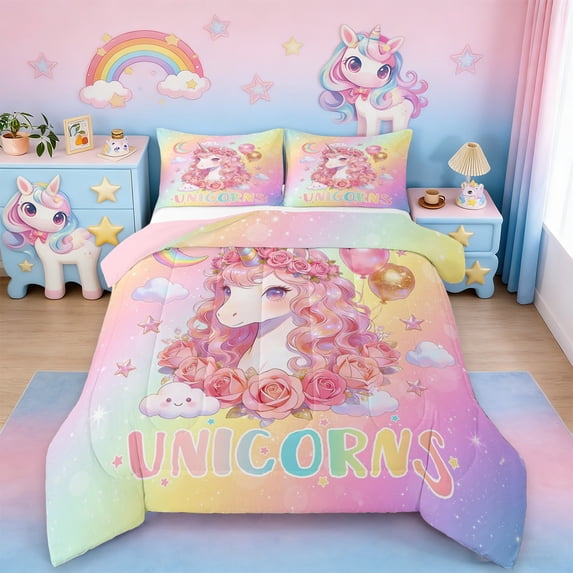 Erosebridal Cute Unicorn Girls Queen Comforter Set,Romantic Pink Rose Blossom Flower Bedding Comforter Set For Kids,Reversible Pink 3pcs
