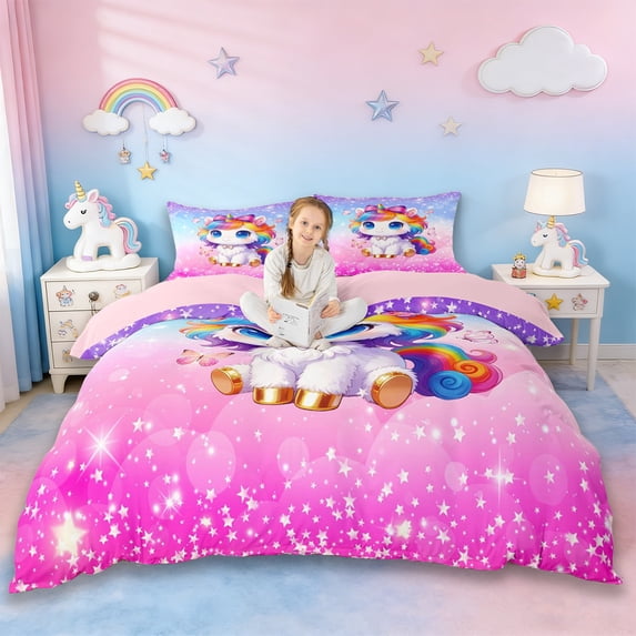 Erosebridal Cute Unicorn Girls Queen Duvet Cover Set,Pink Butterflies Kawaii Stars Print Bedding For Kids,Reversible Pink 3-Piece,No Comforter