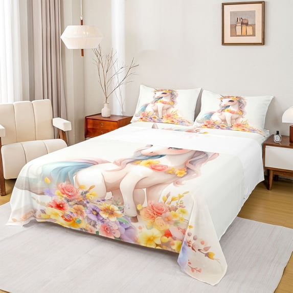 Erosebridal Cute Unicorn Girls Queen Sheet Sets,Colorful Flowers Cute Blossom Floral Bed Set For Kids 4pcs