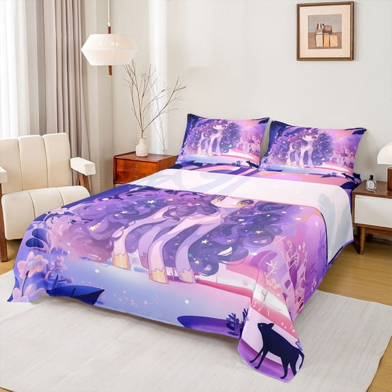 Erosebridal Cute Unicorn Girls Queen Sheet Sets,Purple Cartoon Unicorn Bed Set For Kids 4 Pieces