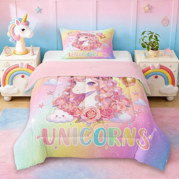 Erosebridal Cute Unicorn Girls Twin Comforter Sets,Romantic Pink Rose Blossom Flower Bedding Set For Kids,Reversible Pink 2-Piece