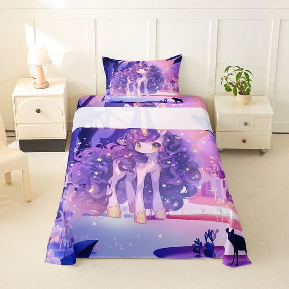 Erosebridal Cute Unicorn Girls Twin Sheet Sets,Purple Cartoon Unicorn Bedding For Kids 3pcs