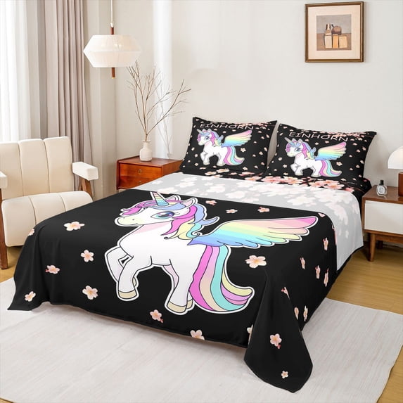 Erosebridal Cute Unicorn Queen Sheet Sets,Pink Flowers Cherry Blossom Bed Set For Kids Girls 4pcs